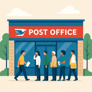 Flat illustration of customers at a USPS customer center inside a post office.