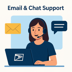 Graphic of email and live chat interface for USPS customer service.